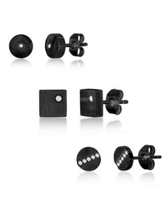 Black Plated over Stainless Steel Set of 3 CZ Stud Earrings
