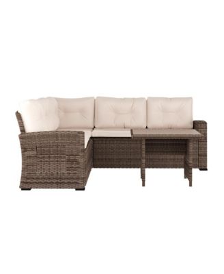 Shelton Indoor/Outdoor L-Shaped Sofa/Dining Table Conversation Set With Wicker Rattan Construction And Weather-Resistant Cushions