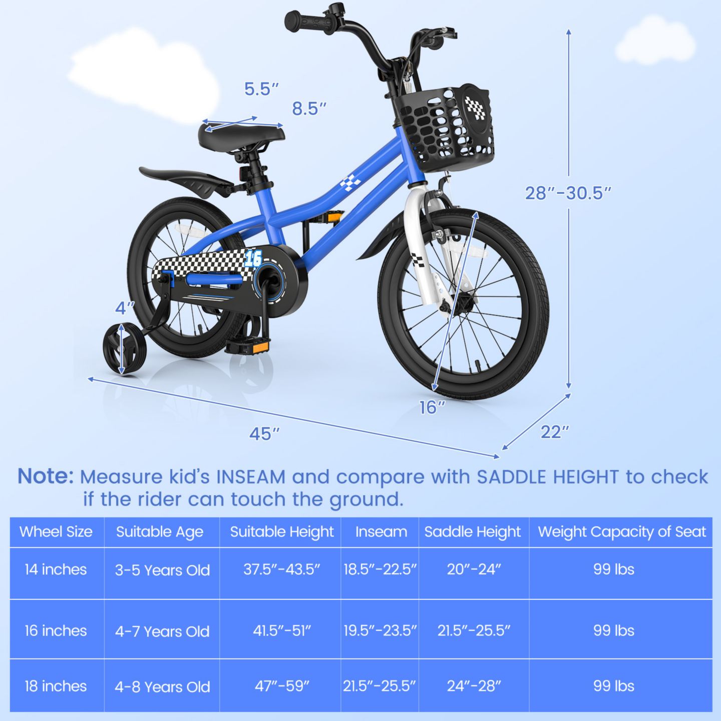 Детская игрушка Slickblue 16 Inch Removable Training Wheels Kids Bike, 4–7 лет, цвет: Тёмно-синий — фото 2