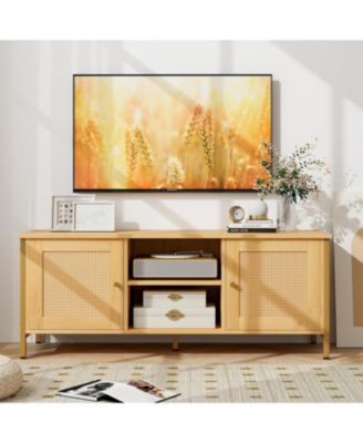 TV Stand for TV up to 55 Inches with Faux Rattan Door-Natural