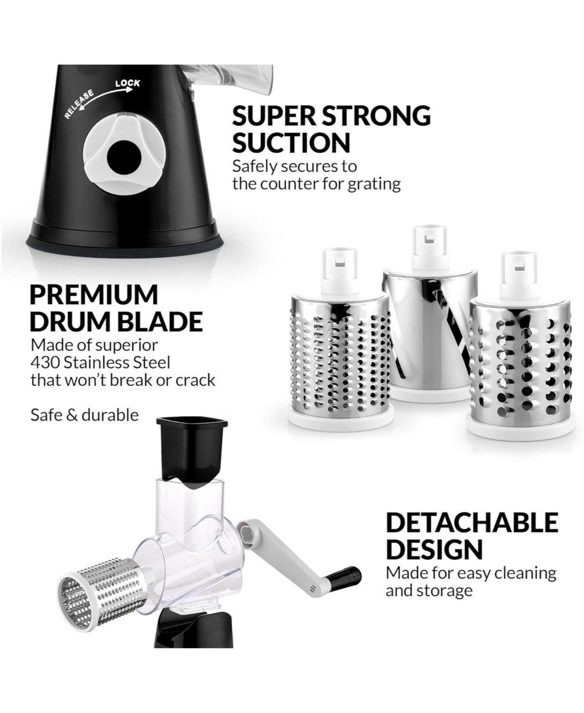 Zulay Kitchen Rotary Cheese Grater with 3 Interchangeable Blade Drums - Hand Crank Cheese Shredder and Slicer with Reinforced Suction