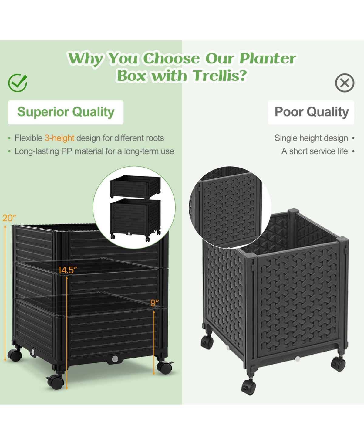 Slickblue Raised Garden Bed with Obelisk Trellis and 3 Heights & Detachable Pe-Coated Metal Tubes- Black