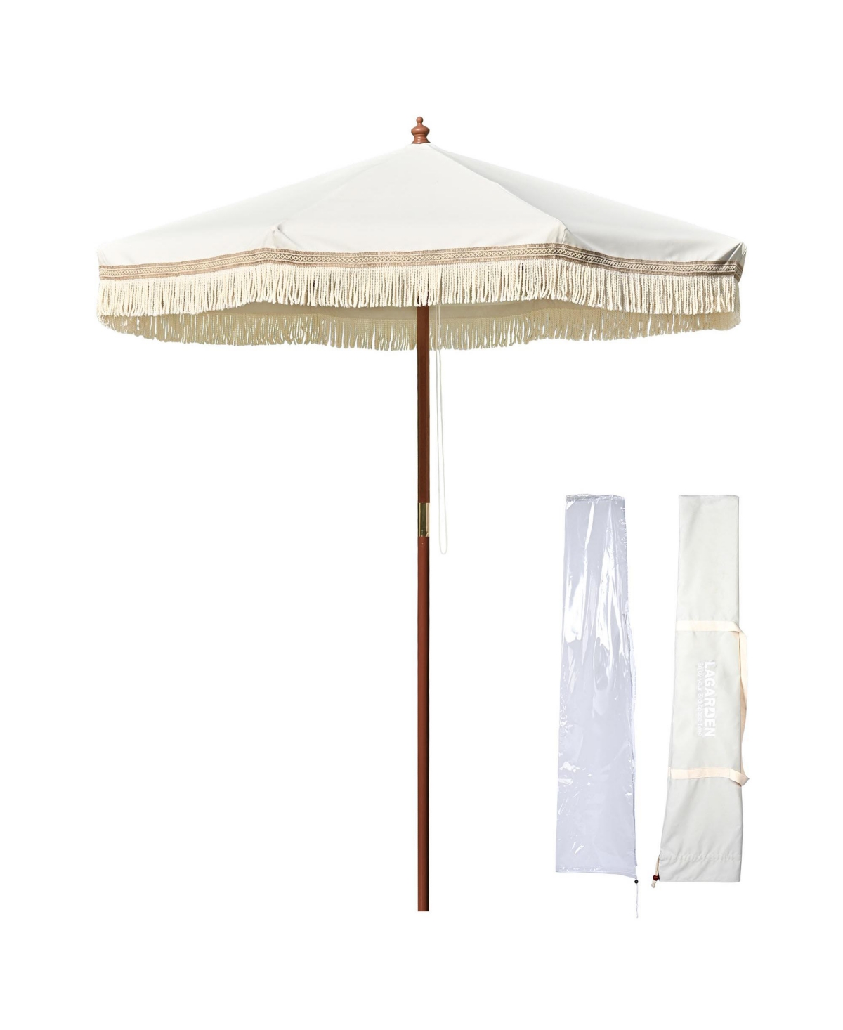 7' Patio Beige Umbrella with Tassels UPF50+ Boho Style 5-Year-Non-Fading for Outdoor,Model:BH7W-01P - Beige with tassels