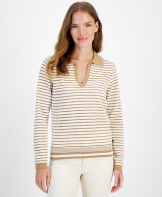 Nautica Jeans - Women's Striped Johnny Collar Long-Sleeve Sweater