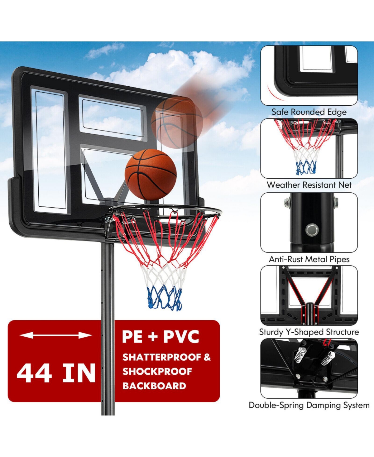 Slickblue 4.25-10 Feet Adjustable Basketball Hoop System with 44 Inch Backboard-a