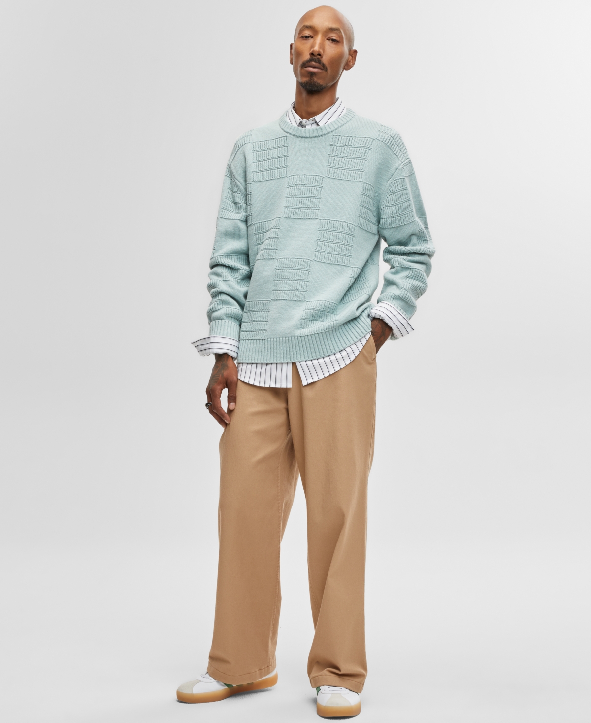 Men's Long-Sleeve Relaxed-Fit Textured Check Sweater, Created for Macy's - Blue Fin