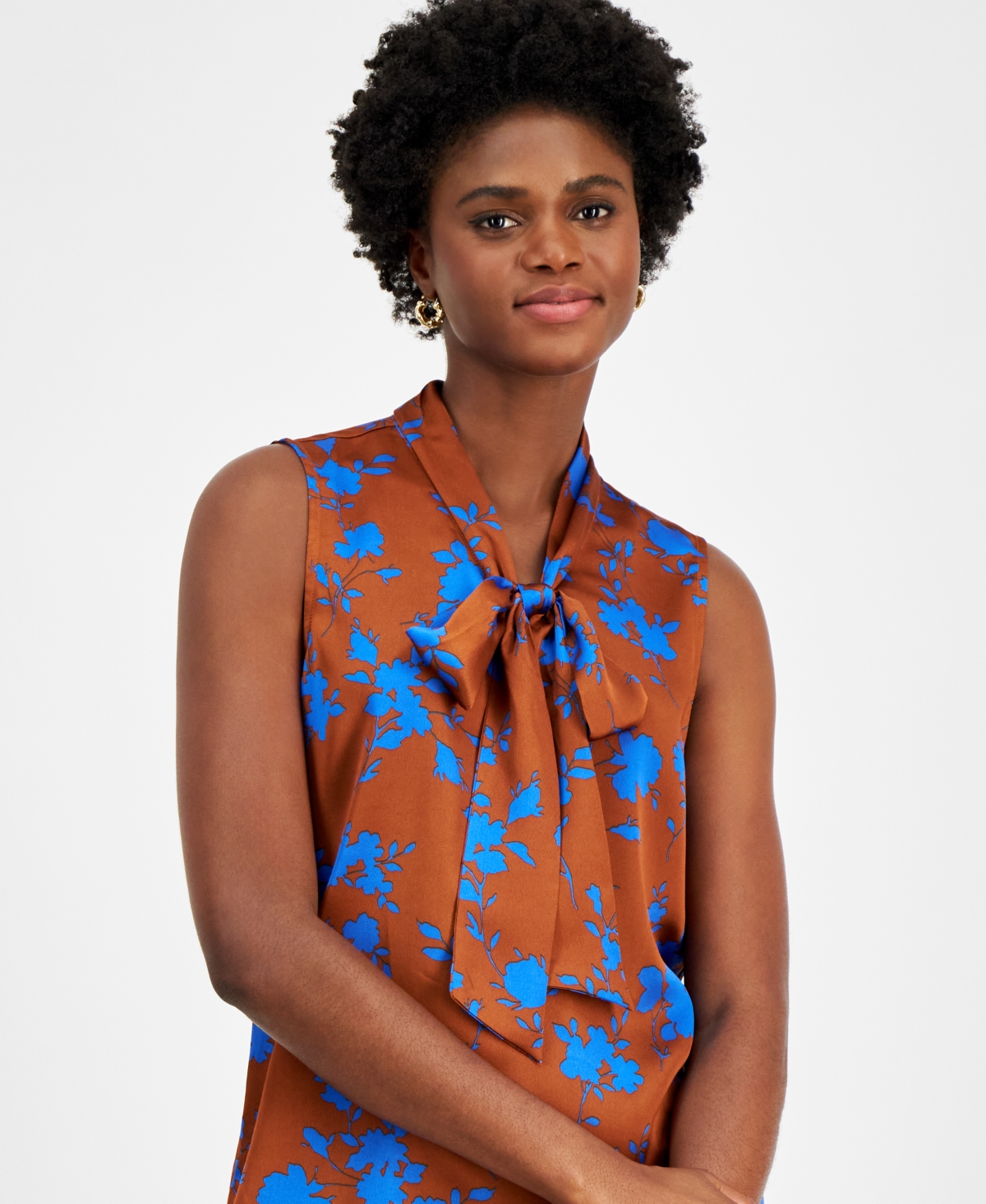 Tahari Asl Women's Floral-Print Bow-Neck Blouse -New Royal