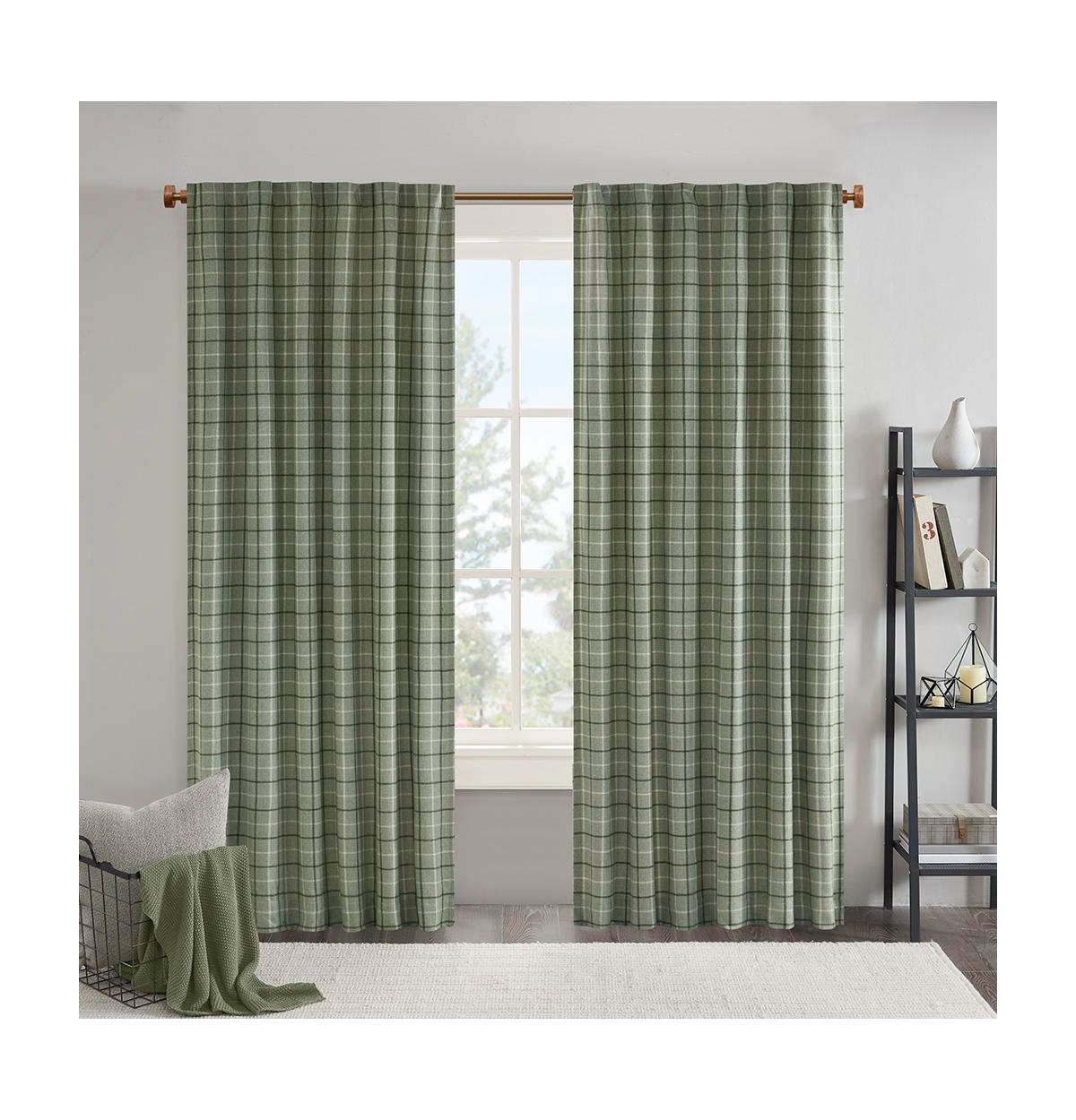 Plaid Rod Pocket and Back Tab Curtain Panel with Fleece Lining - Green