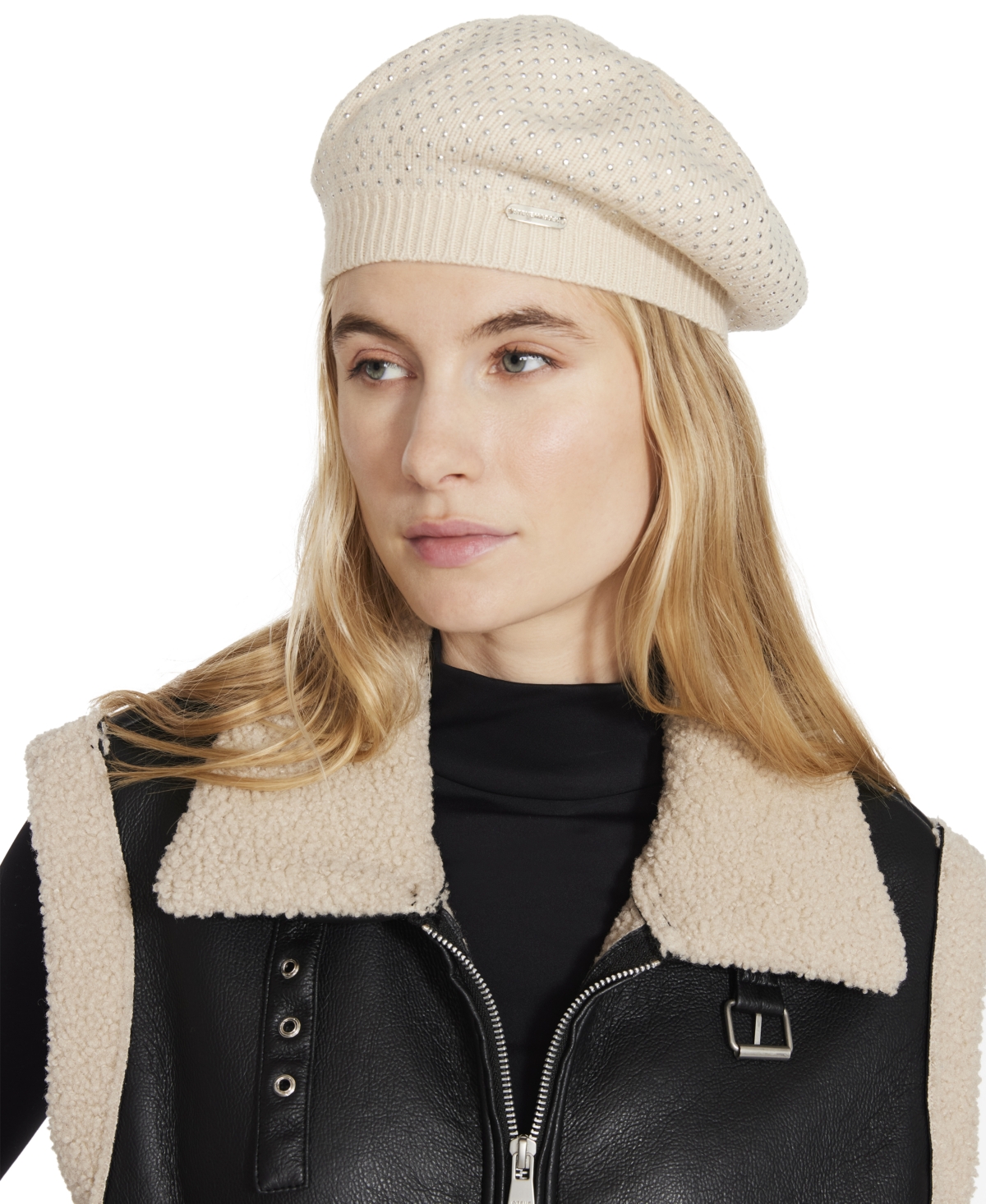 Steve Madden Women's Crystal Studded Plush Beret