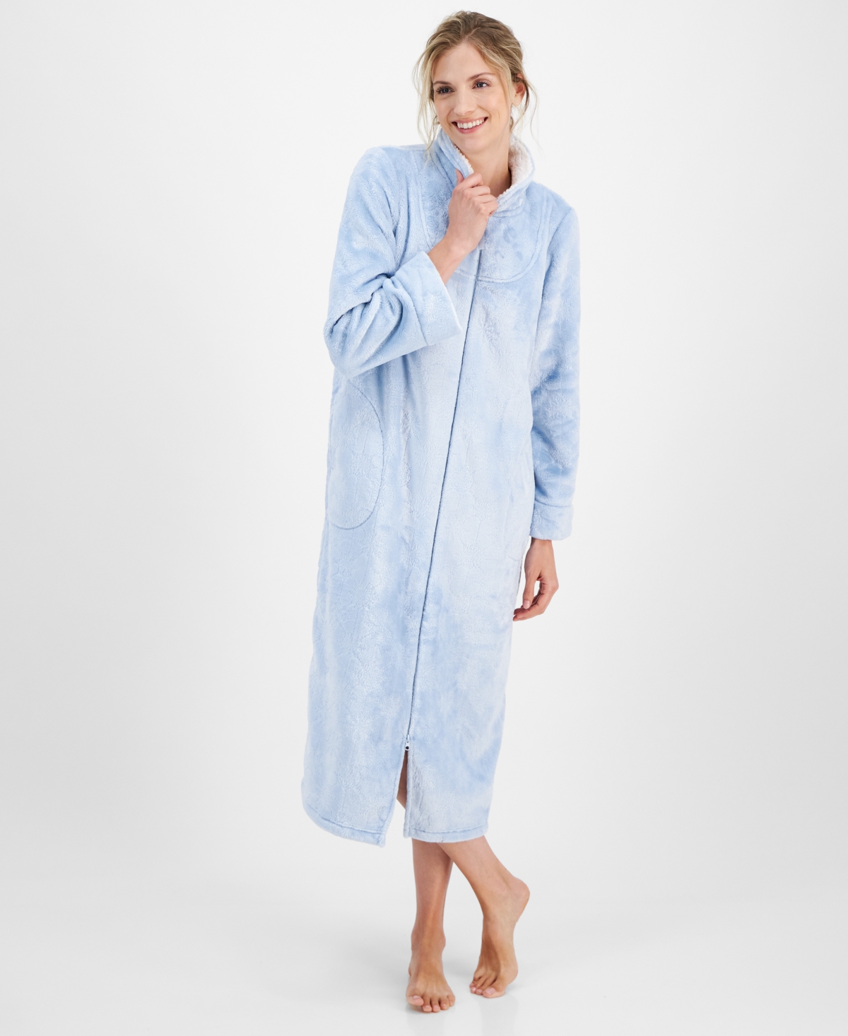 Charter Club Women's Long Snowflake Embossed Zip-front Robe, Created For Macy's In Snowflake Blue