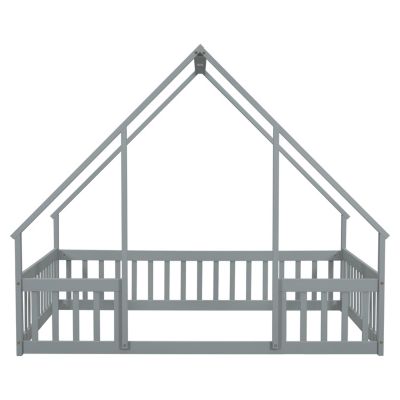 Streamdale Full Wood House-Shaped Floor Bed with Fence, Guardrails, Grey