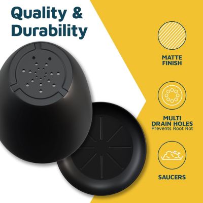 Black Plant Pots 20 Pack with Drainage Holes & Saucers, Stackable Indoor & Outdoor Plastic Planters for Houseplants & Flowers, Matte Finish