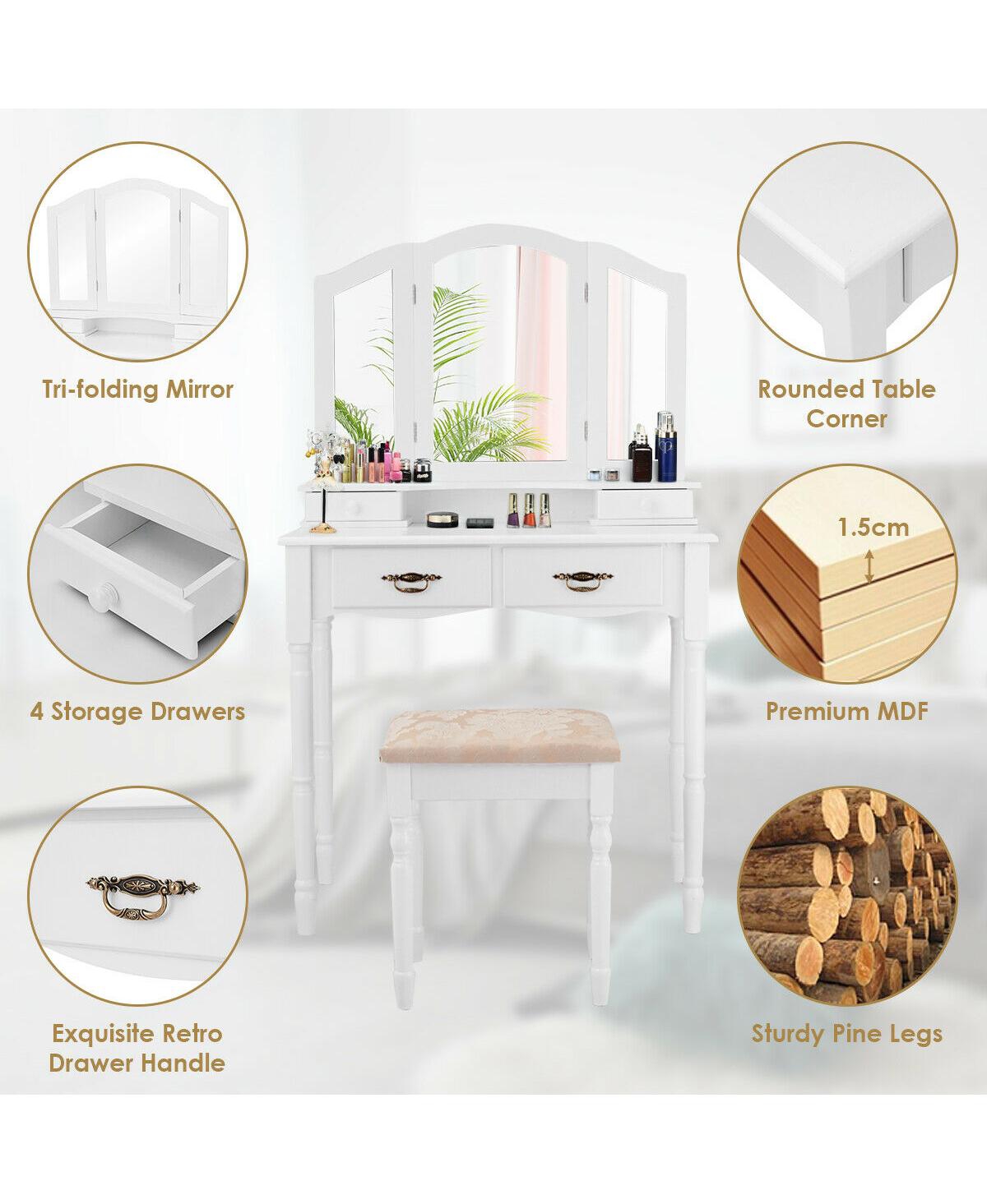 Sugift Simple Vanity Set with Tri-Folding Mirror Drawers and Storage Shelf