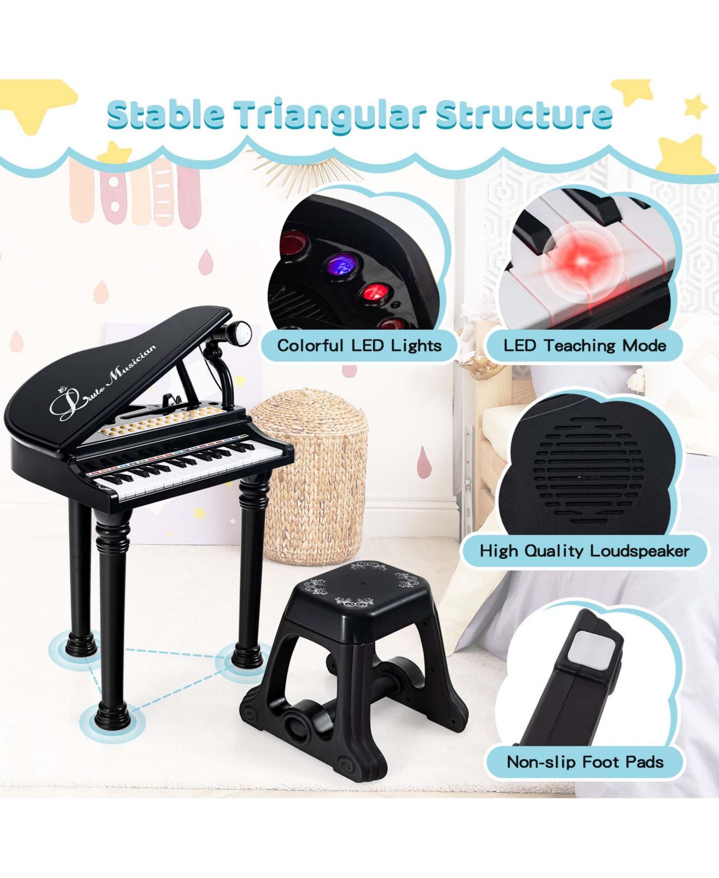 Детские игрушки Costway 31-Key Kids Piano Keyboard LED Teaching 3-Piece Set Musical Toy, Ages 3+, цвет: Чёрный — фото 3