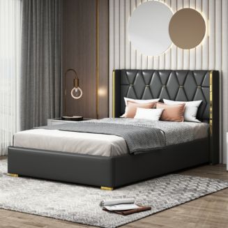 Simplie Fun Full Size Upholstered Platform Bed with Metal Strips, Black ...