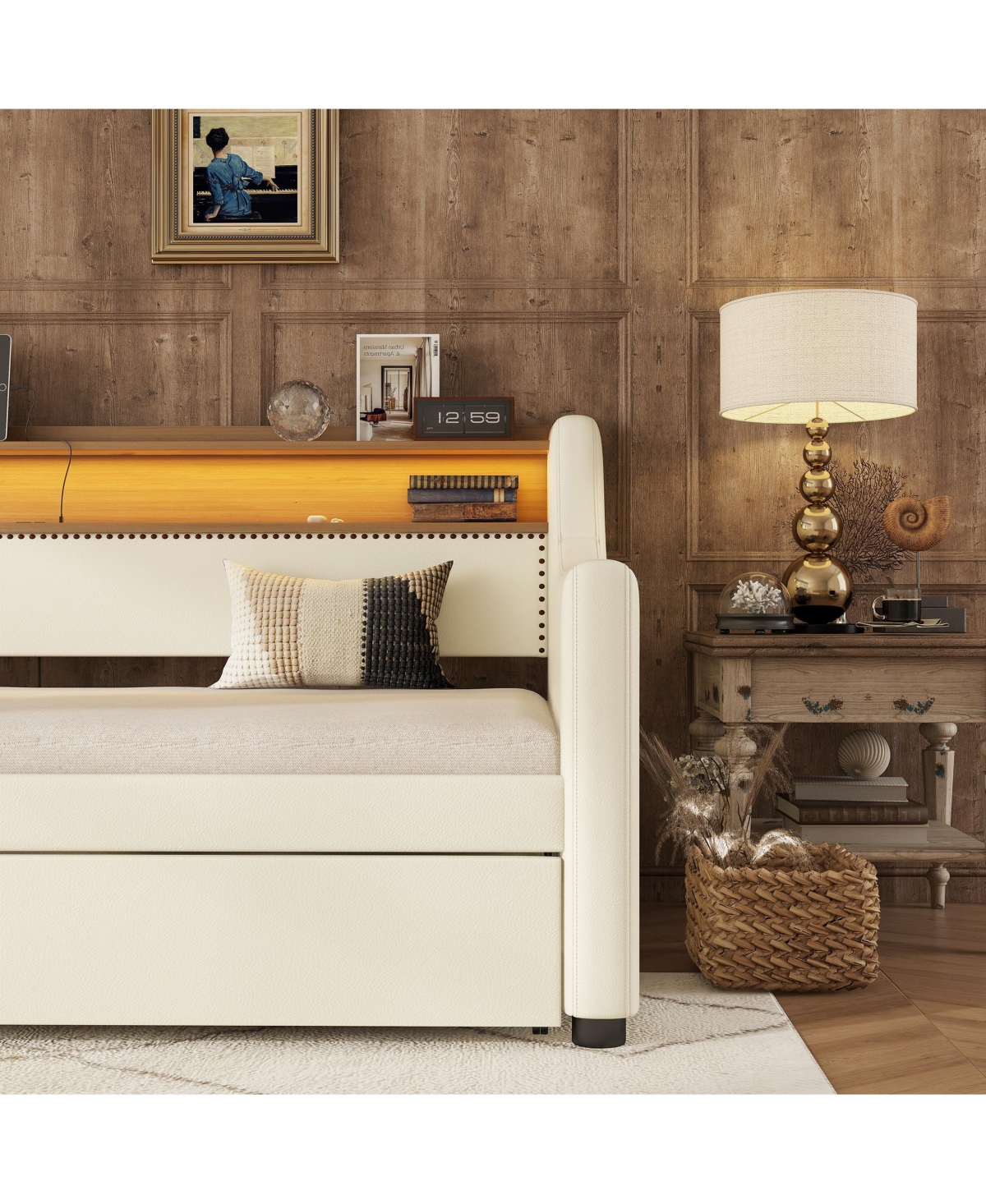 Simplie Fun Twin Size Daybed with Trundle, Upholstered Daybed with Charging Station and Led Lights, White