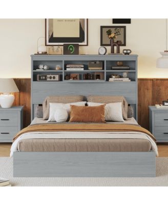Streamdale Vintage Platform Bed with Storage Headboard and Charging