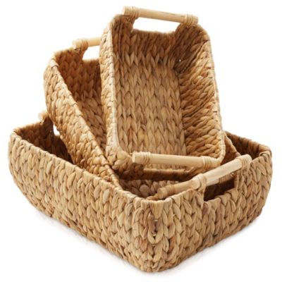 (Set of 2) Seagrass Oval Storage Baskets with Wooden Handles - Large Woven Bin Organizers