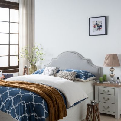 Elegant Camel Back Upholstered Headboard with Nailhead Trim