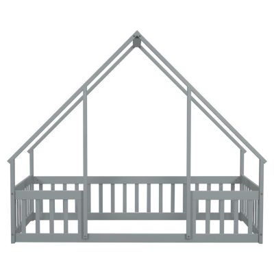 Twin Wood House-Shaped Floor Bed with Fence, Guardrails, Grey