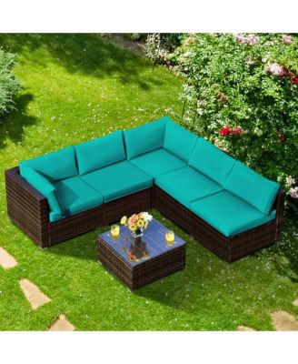 6PCS Patio Rattan Furniture Set Cushioned Sofa Coffee Table Garden