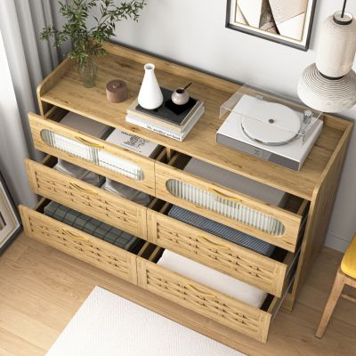 Elegant 6-Drawer Dresser with Woven Wood Cabinet Top and Gold Handles