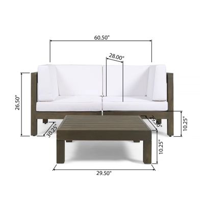 Simplie Fun Outdoor Loveseat Set with Coffee Table in Acacia Wood with Plush Cushions