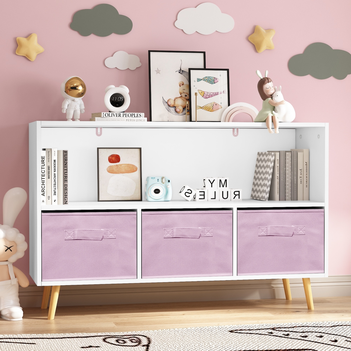 Streamdale Furniture Kids Bookcase with Collapsible Drawers, Toy Storage Organizer - White+pink