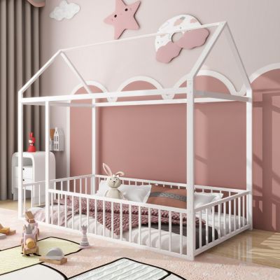Twin Metal House Bed with Fence