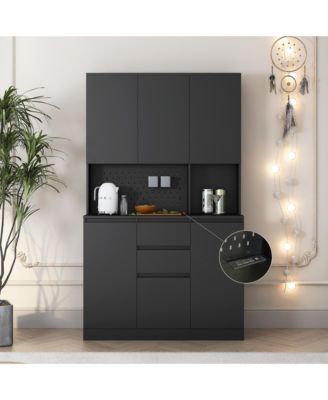 74" Modern Freestanding Kitchen Buffet with Hutch and Charging Ports