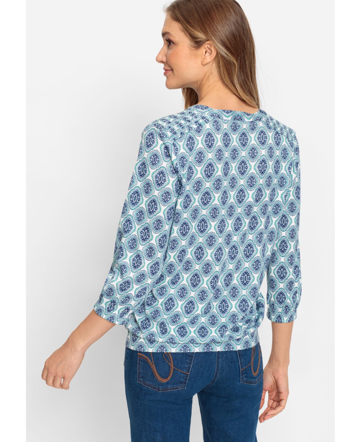 Olsen Women's Cotton Blend 3/4 Sleeve Ornamental Print Tunic T-Shirt