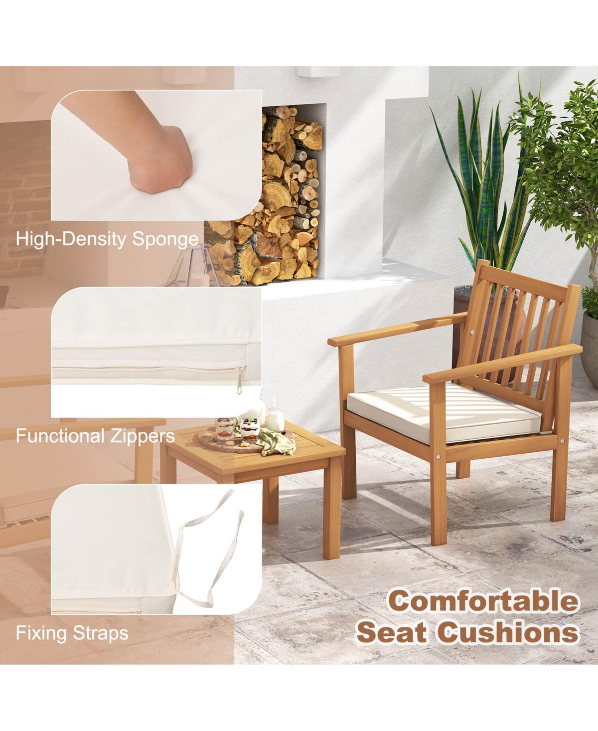 Slickblue 3 Pieces Patio Wood Furniture Set with soft Cushions for Porch