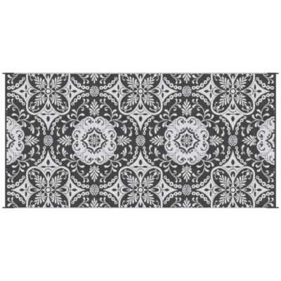 Reversible Outdoor Rug with Carry Bag 9' x 18' Gray & White Flower