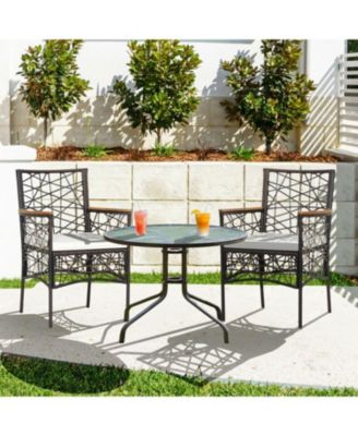 2 Pieces PE Wicker Patio Bistro Dining Chairs with Acacia Wood Armrests and Cushions