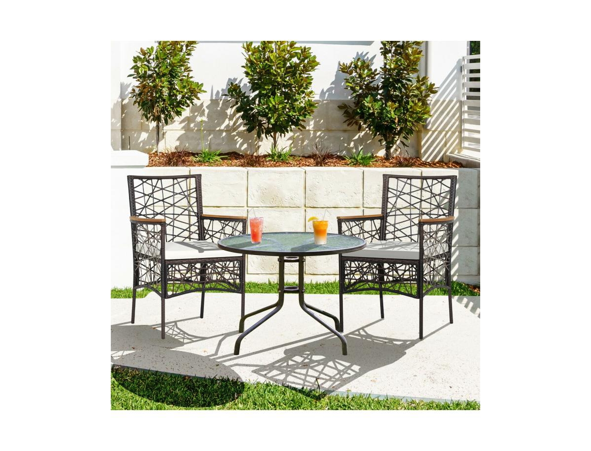 Slickblue 2 Pieces Pe Wicker Patio Bistro Dining Chairs with Acacia Wood Armrests and Cushions