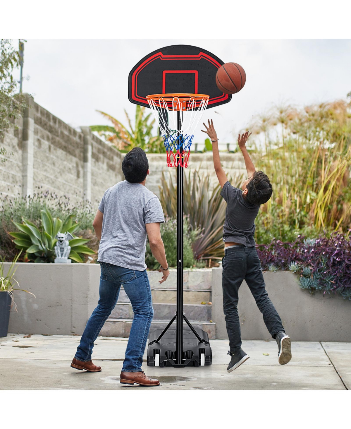 Slickblue Adjustable Kids' Basketball Hoop Stand with Durable Net and Wheel - Red