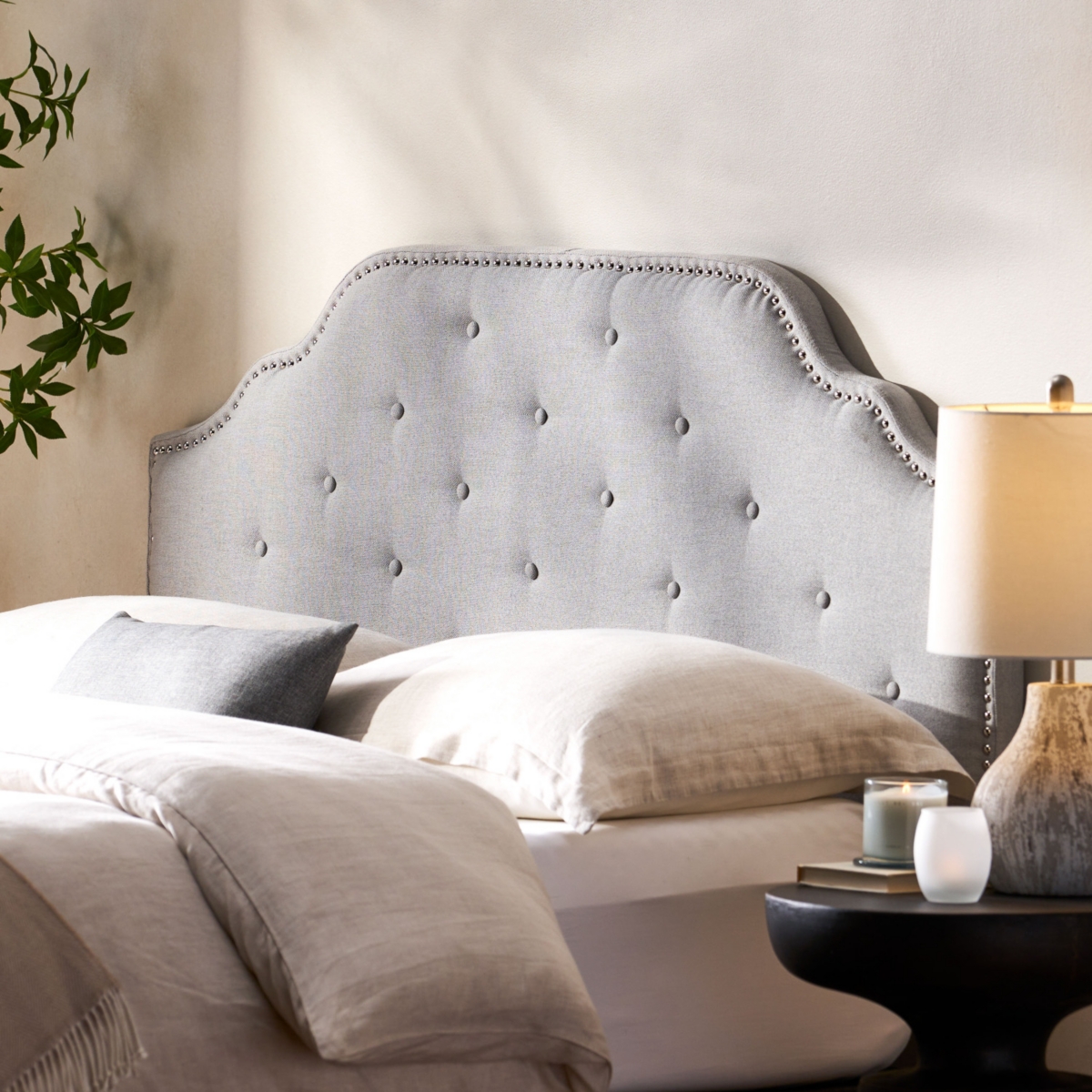 Streamdale Furniture Contemporary Upholstered Button Tufted Headboard with Nailhead Accents