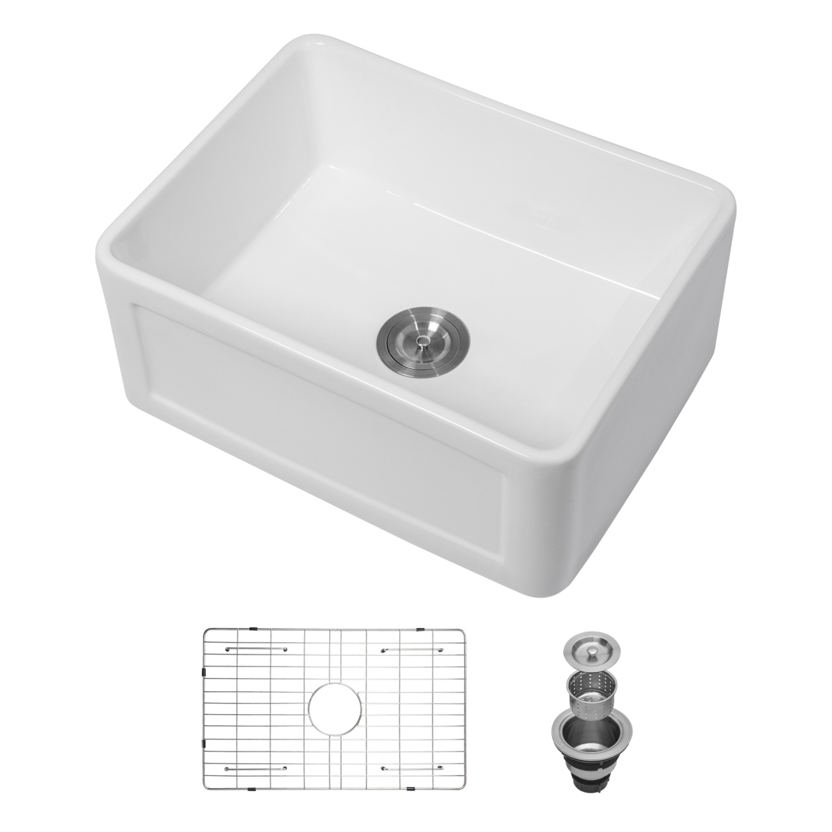 Ceramic 24 Inch Kitchen Single Bowl Farmhouse Sink Rectangular Vessel Sink - White