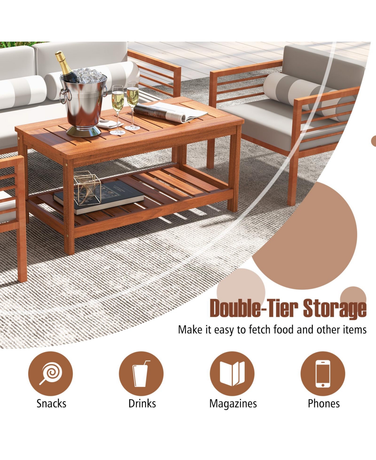 Slickblue 2-Tier Patio Coffee Table with Slatted Tabletop and Shelf
