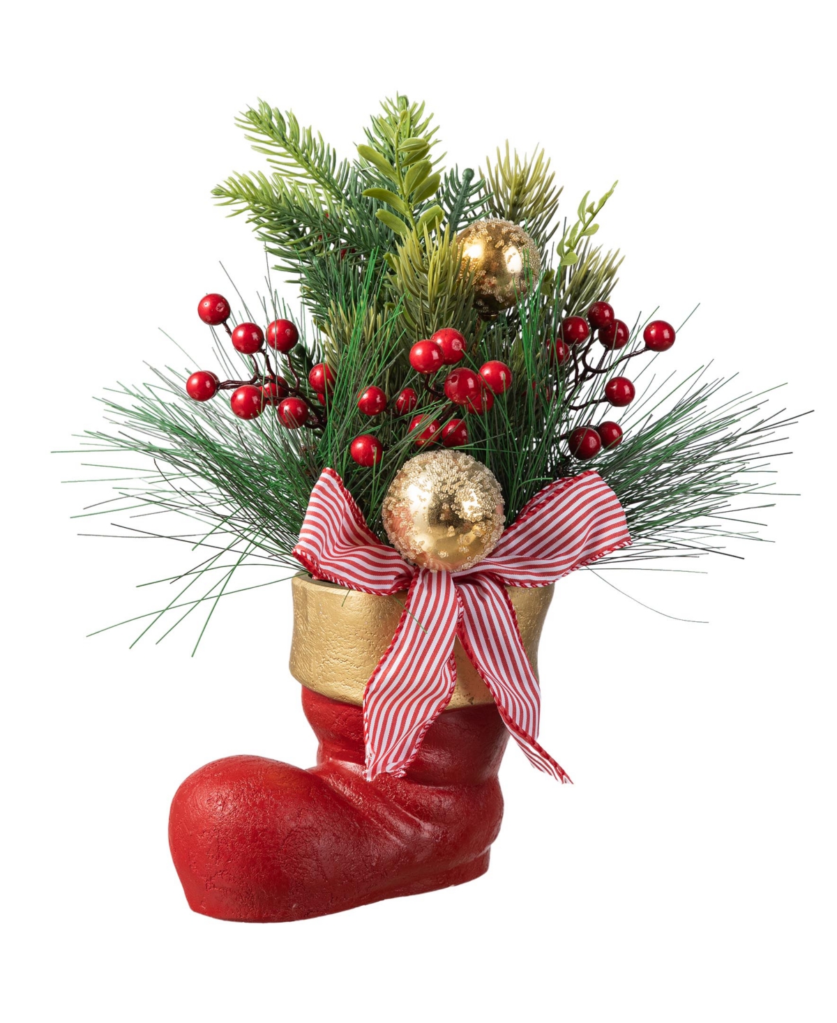 14 H Christmas Red Boot with Pine Needle Berry Centerpiece - Multi