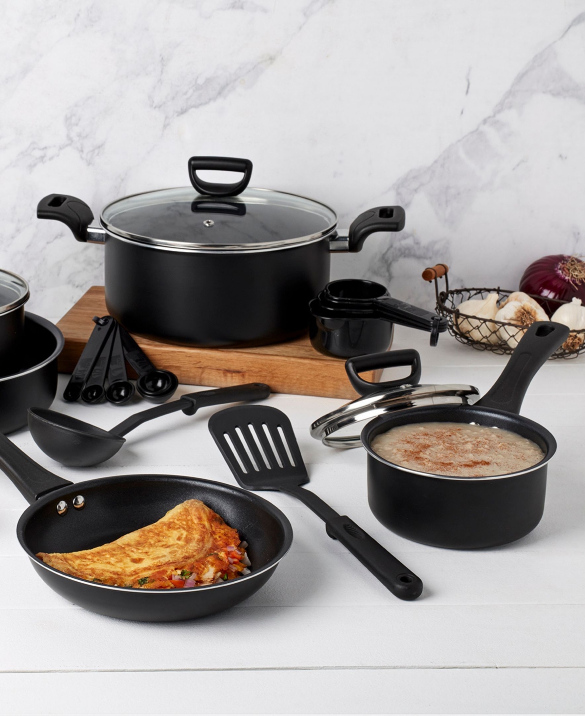 Basic Essentials 32-pc. Nonstick Aluminum Cookware Set In Black