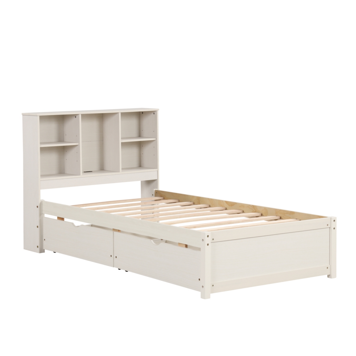 Streamdale Furniture Modern Size Bed Frame With Built-in Usb Port on Bookcase Headboard and 2 Drawers forColor - White washed