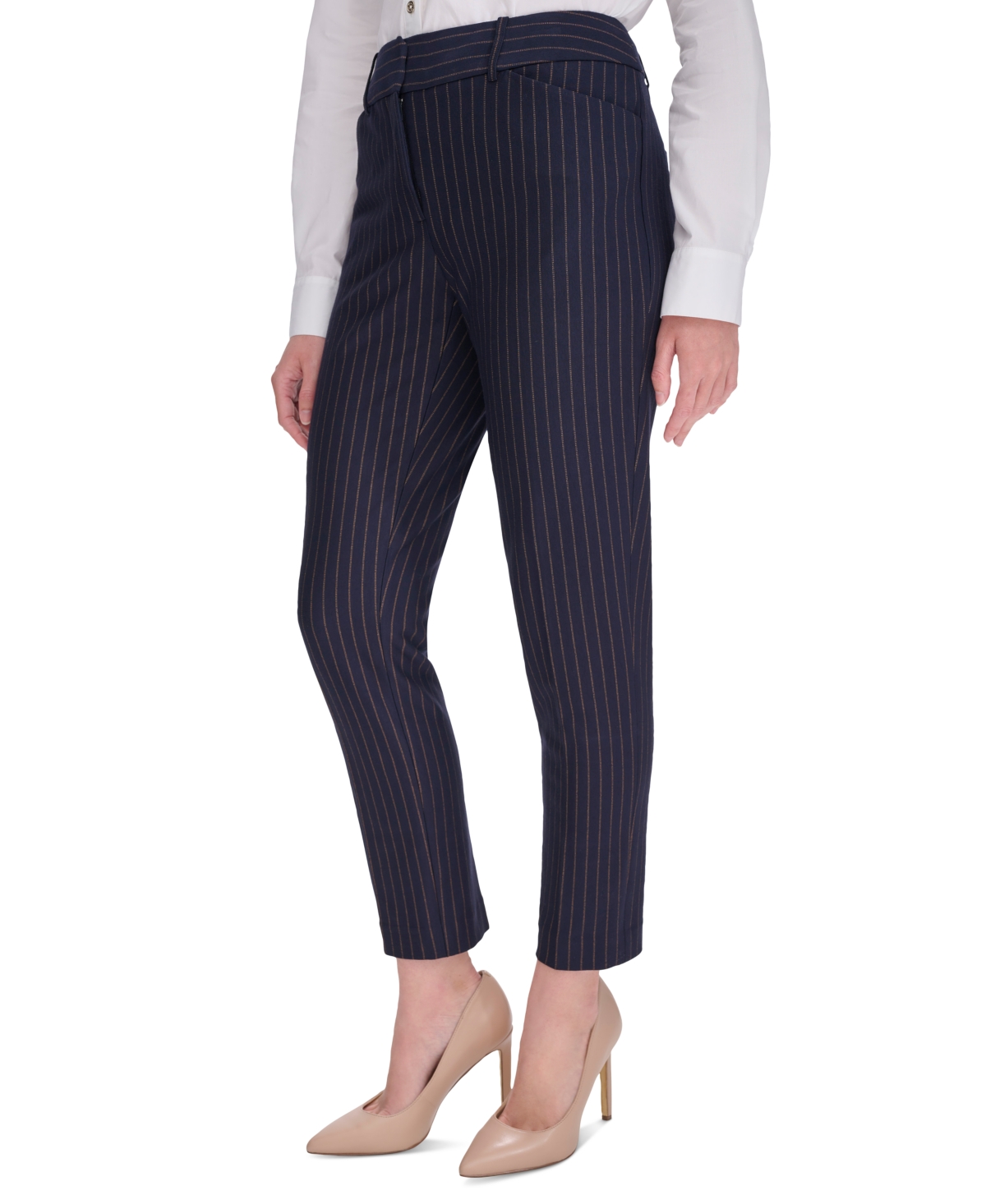 Tommy Hilfiger Women's Pinstripe Mid-rise Ankle-length Pants In Mdngt,taba