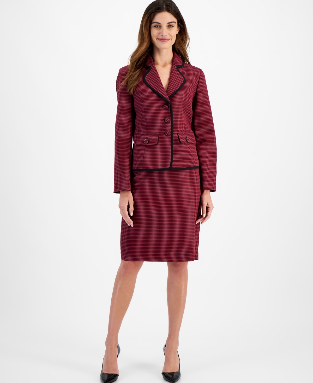 Women's Contrast Trim Printed Skirt Suit, Regular & Petite - Bordeaux Multi