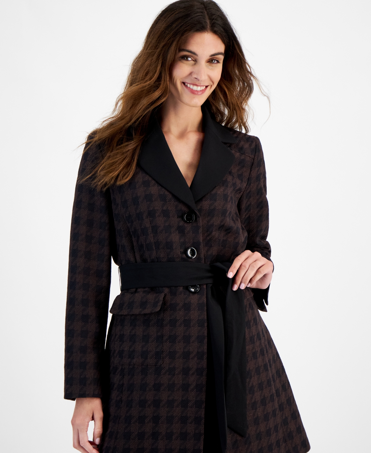 Le Suit Women's Houndstooth Belted Pantsuit, Regular & Petite Sizes -Black