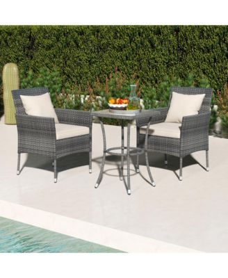 3-Piece Patio Furniture Set PE Wicker Conversation Bistro Set w/ A Tempered Glass Table