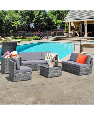 8 PCS Wicker Sofa Rattan Furniture Set Patio Furniture w/ Storage Outdoor