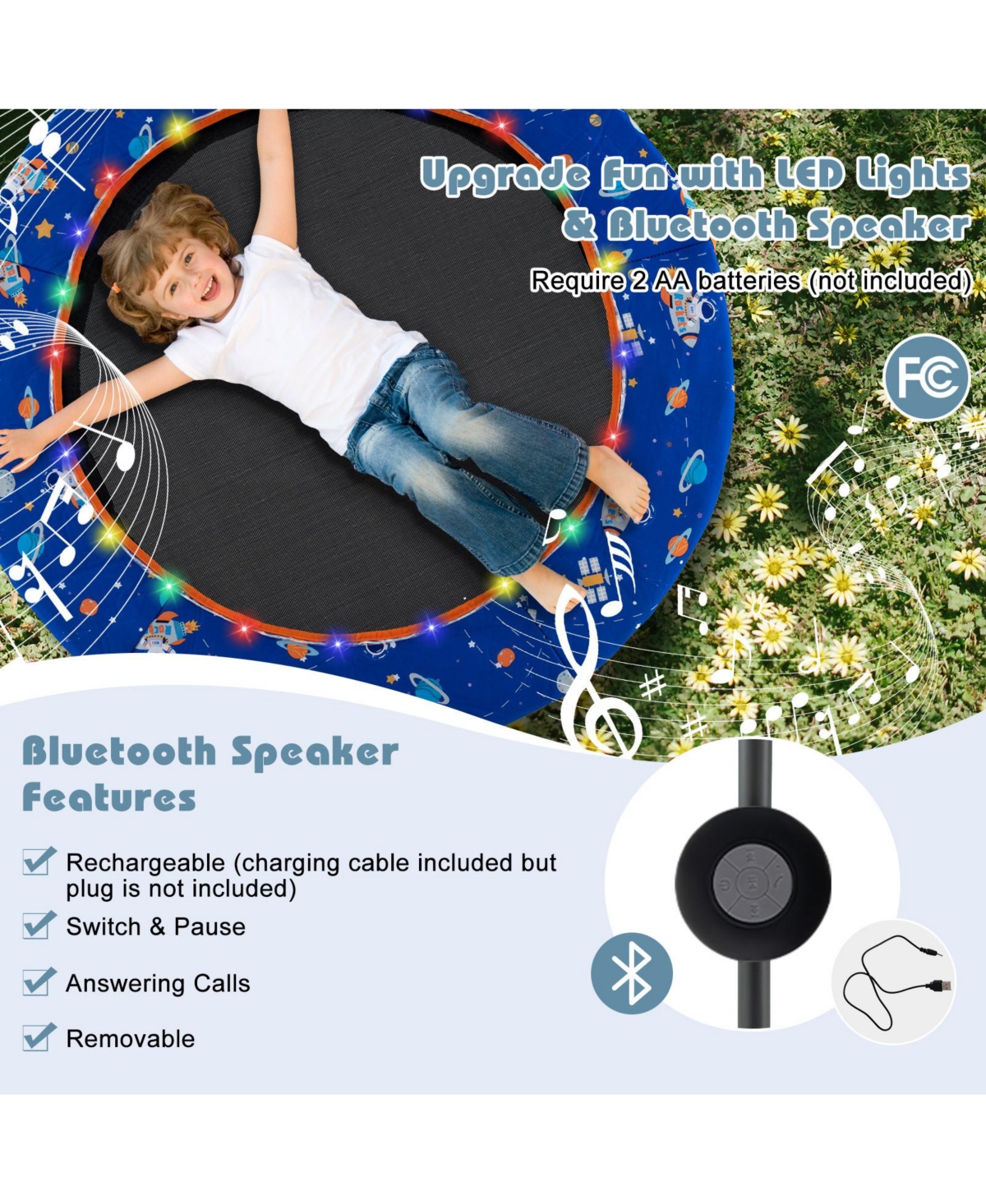 Slickblue 36 Inch Mini Trampoline with Colorful Led Lights and Bluetooth Speaker