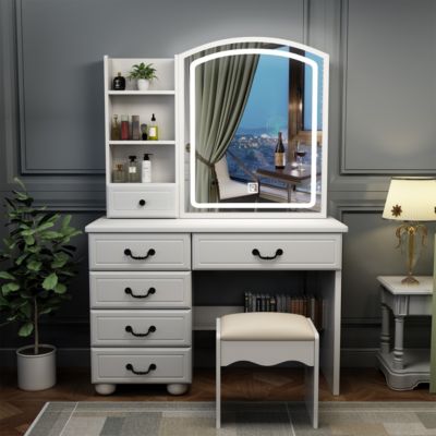 Streamdale Vanity Desk with Mirror, Lights, and 6 Drawers