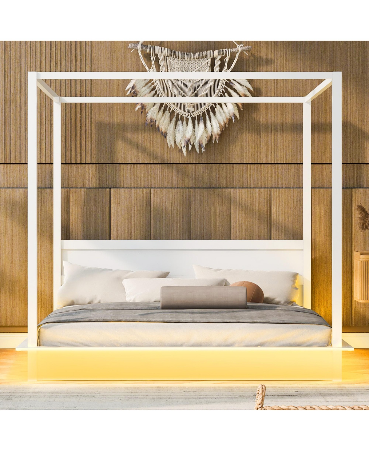 Streamdale Furniture Size Wood Led Canopy Bed, Canopy Platform bed With Support Slats, No Box Spring Needed,Kig